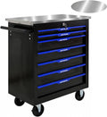 7-Drawer Rolling Tool Chest with Stainless Steel Worktop,Tool Chest with Secure Locking System,Mobile Storage Tool Cabinet with 360°Wheels and Padded Feet,for Home,Garage (Black+Blue)