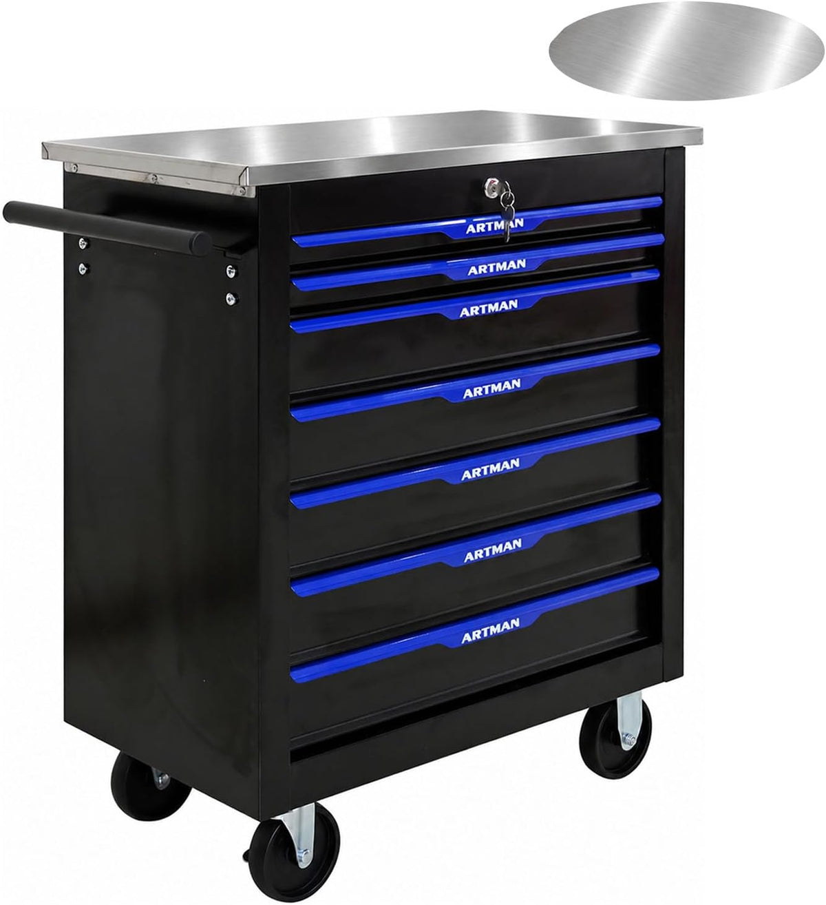 7-Drawer Rolling Tool Chest with Stainless Steel Worktop,Tool Chest with Secure Locking System,Mobile Storage Tool Cabinet with 360°Wheels and Padded Feet,for Home,Garage (Black+Blue)