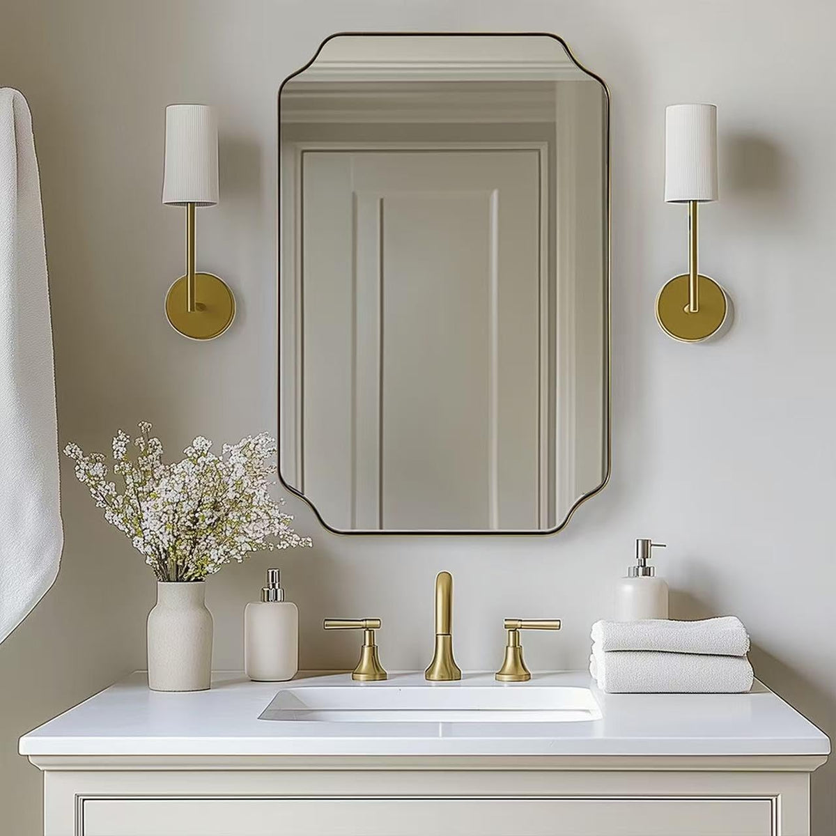 ANDY STAR 26"x38" Gold Mirror, Brushed Brass Scalloped Wall Mirror, Unique