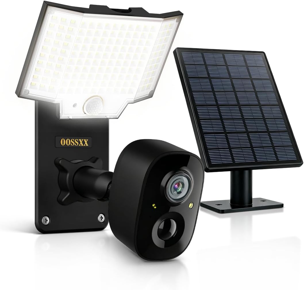OOSSXX Solar Floodlight Security Camera Outdoor Wireless, 4MP HD 3-in-1
