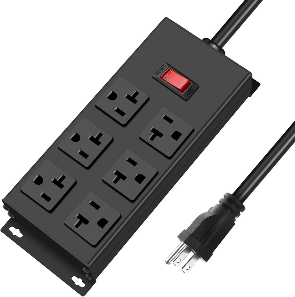 JUNNUJ Heavy Duty 20 Amp Power Strip, Garage 6 Outlets Metal 12 Gauge Surge