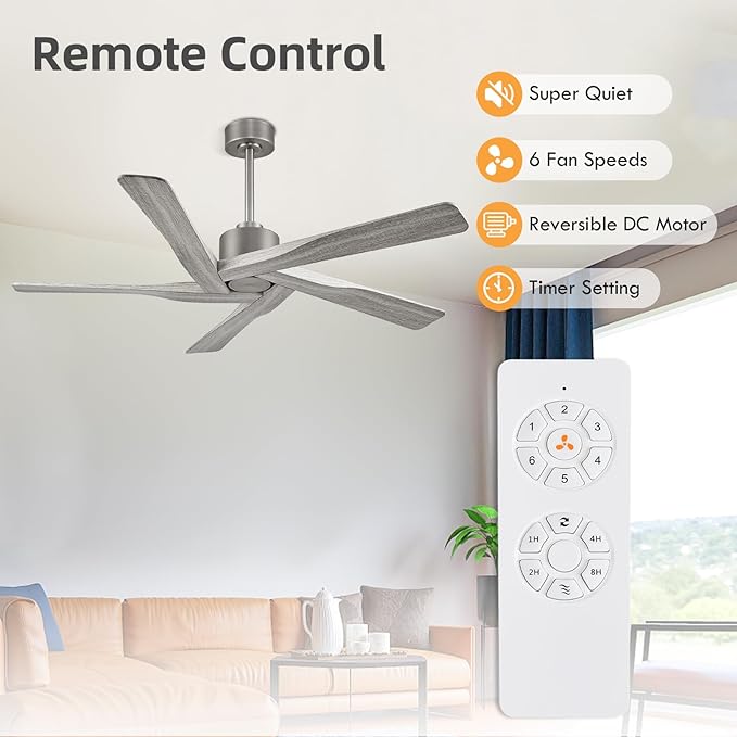 WINGBO 54" ABS DC Ceiling Fan No Light, 5 Blade Wood Grain ABS Ceiling Fan
