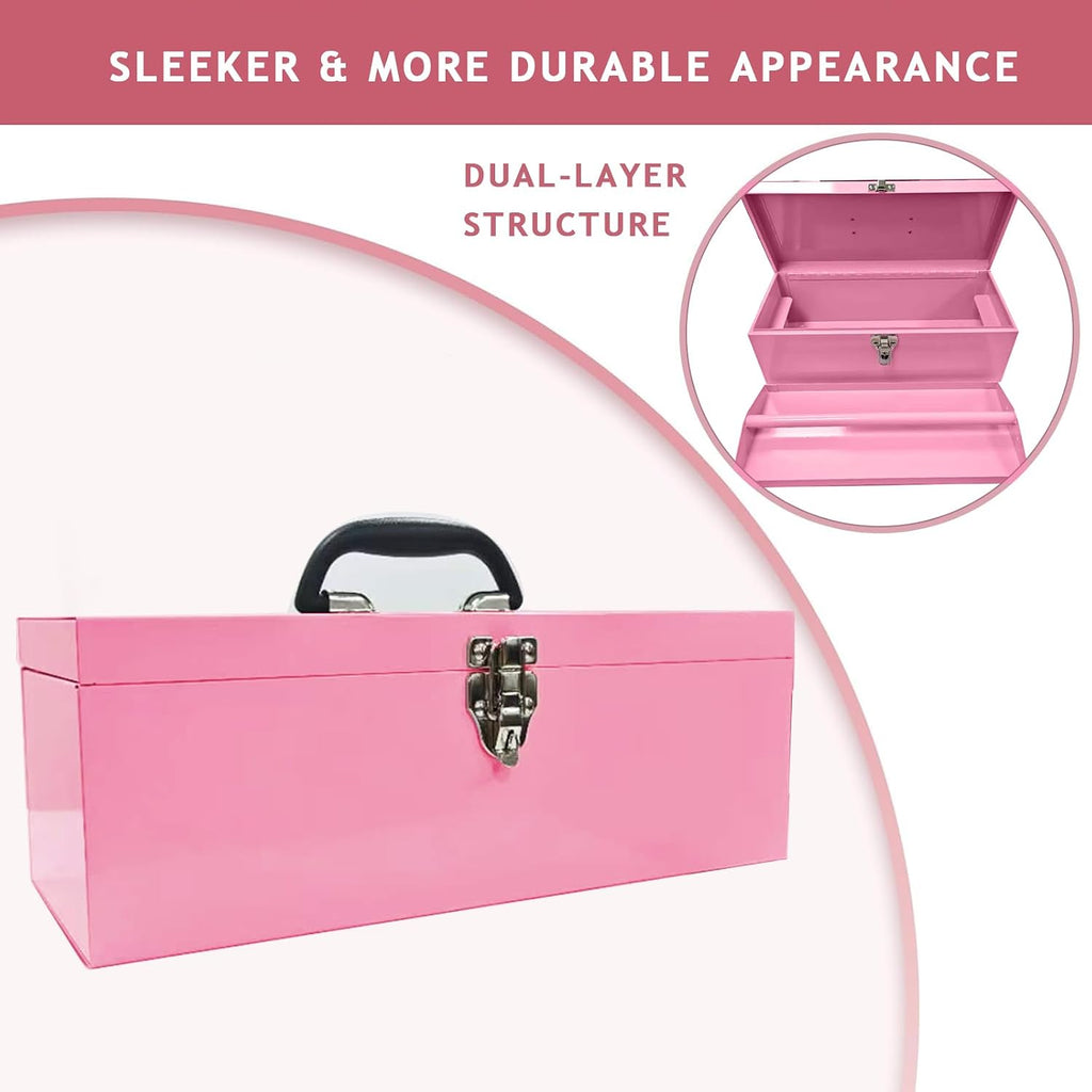 16" pink tool box 18-gauge pink tackle box shown in use
