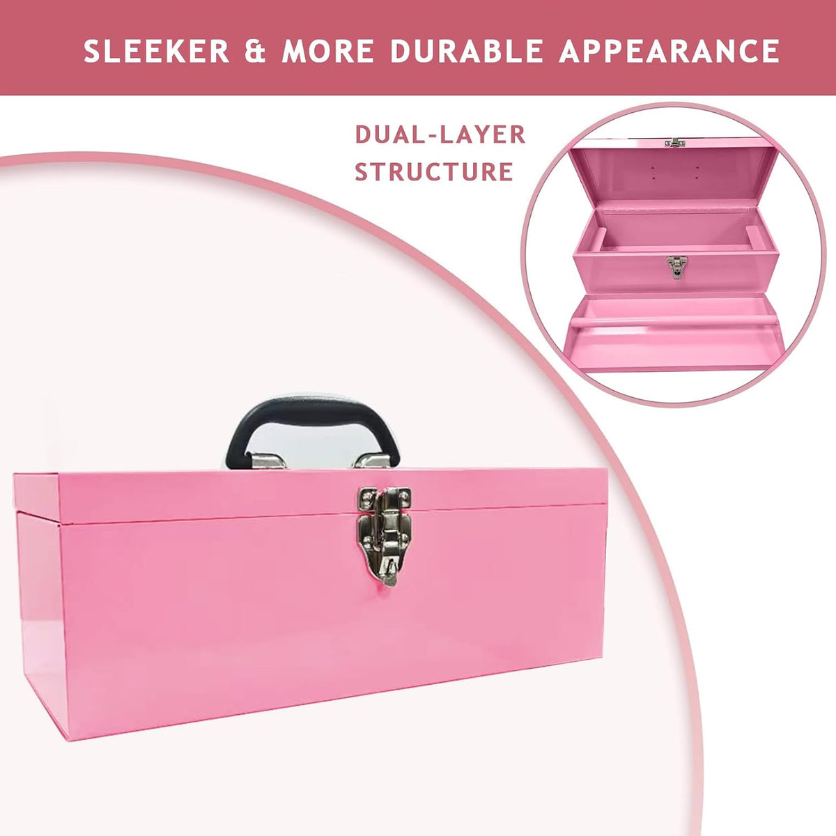 16" pink tool box 18-gauge pink tackle box shown in use