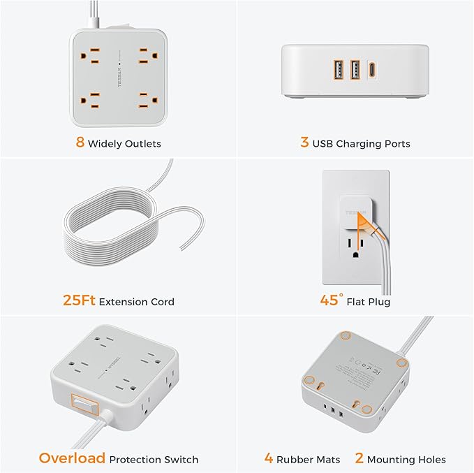 Flat Plug Long Extension Cord 25 Ft, TESSAN Power Strip Surge Protector