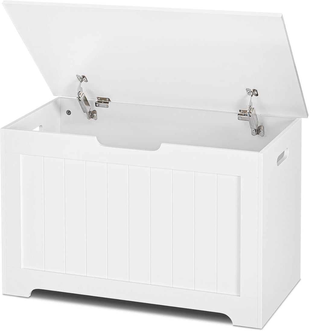 SUPER DEAL Storage Chest, 30 inches Chest Box Organizer with 2 Safety Hinges, Wooden Entryway Storage Bench, White