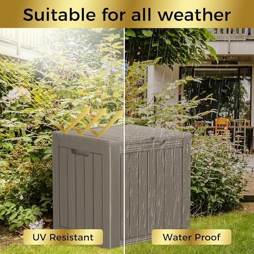 Outdoor Storage Box, 35 Gallon Waterproof Deck Box, Quick Snap-Lock Resin Cabinet for Seat Pillows, Patio Blankets, Lockable End Table Beverage Stand, Apartment Deck, Grey