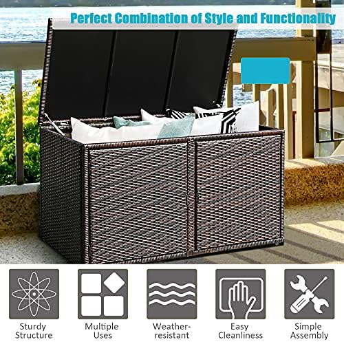 DORTALA 88 Gallon Deck Box Organizer, Wicker Large Indoor Outdoor Storage Container Cabinet for Patio Furniture Cushions Garden Tools, Brown