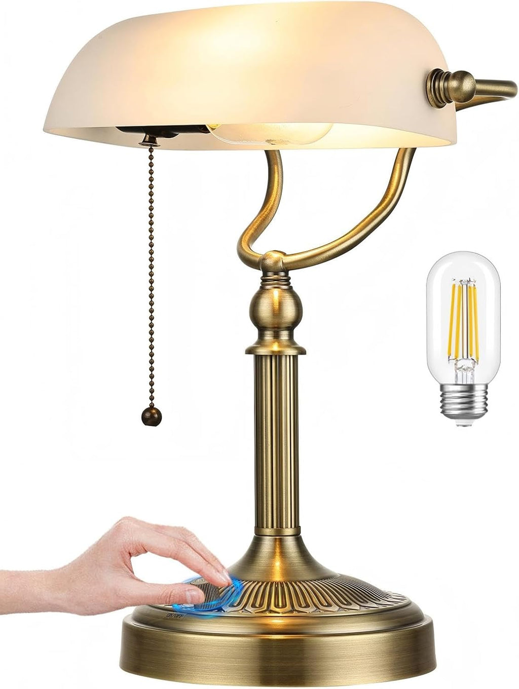 Newrays White Matted Glass Bankers Desk Lamp, Stepless Dimmable Table Lamp Plug