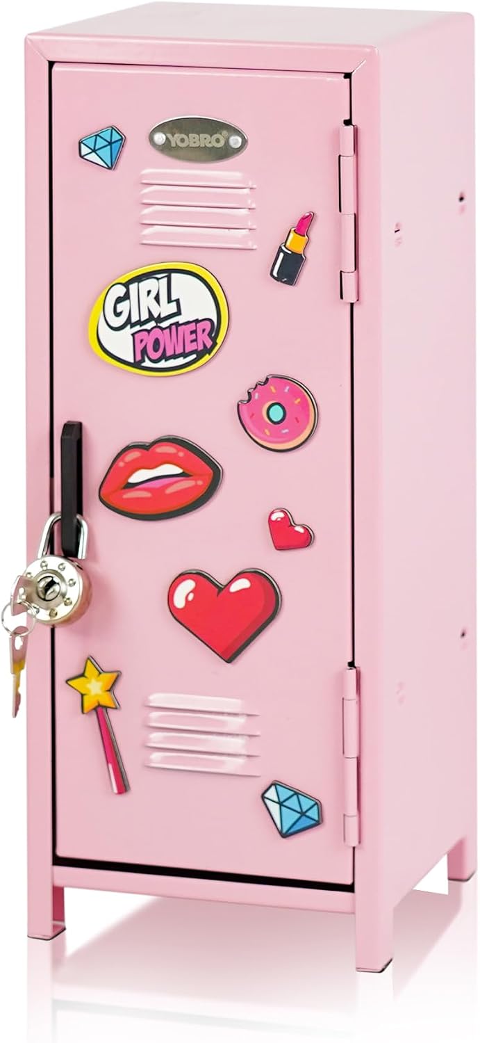 YOBRO Mini Locker with Lock, 2 Keys, 24 Magnetic Stickers, Pink