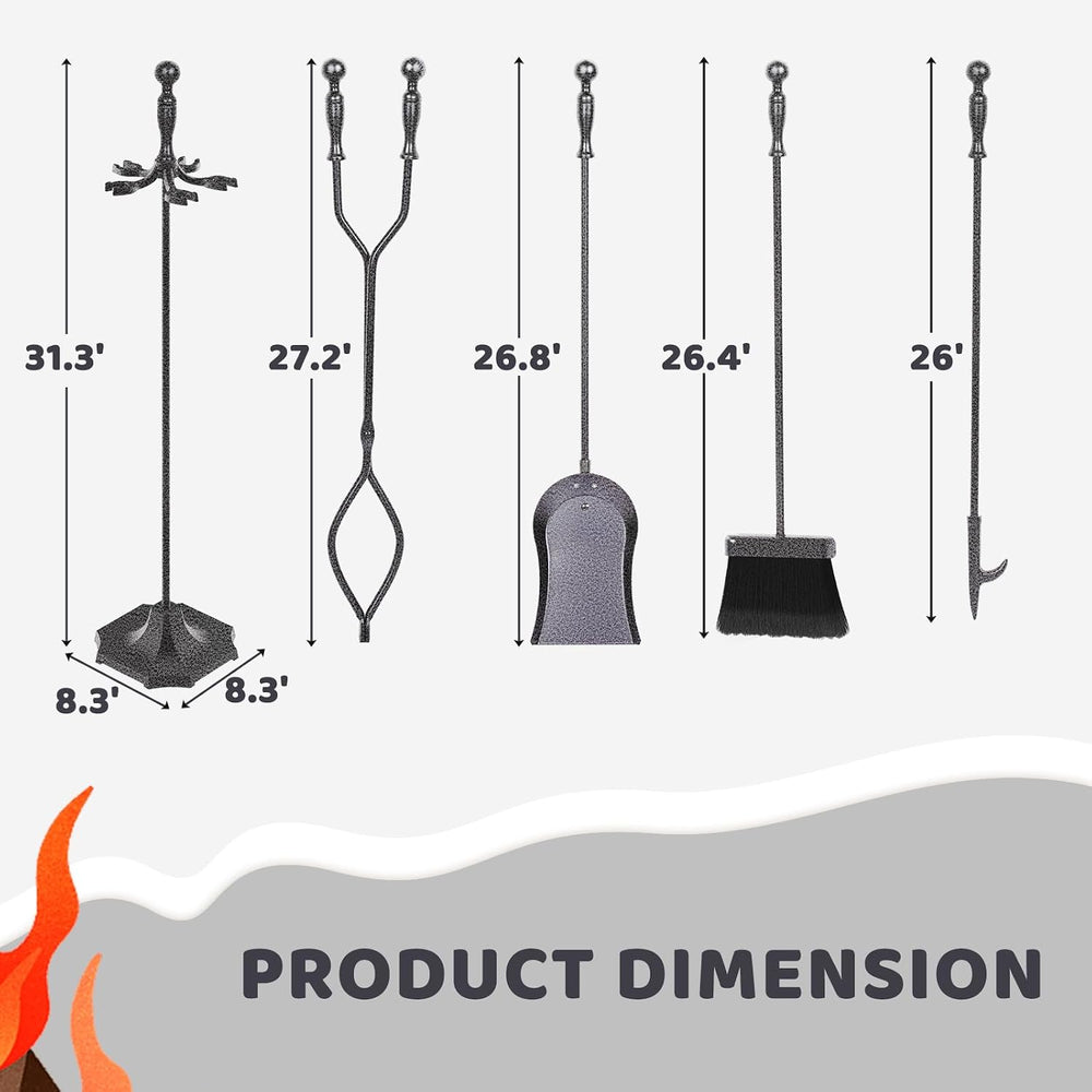 5 Pieces 31in Wrought Iron Fireplace Tools Set w/Ergonomic Handle