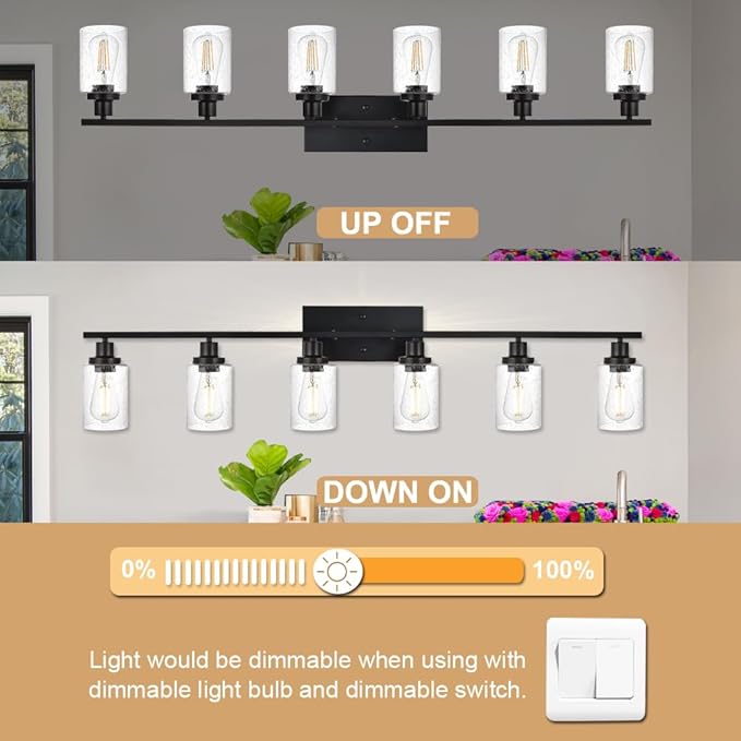 WINSHEN 6-Light Seeded Glass Vanity Light Fixtures in Matte Black Finish