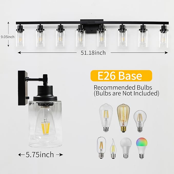 DIKAIDA 8 Light Bathroom Vanity Lights Over Mirror, 52inch Black Vanity Lights