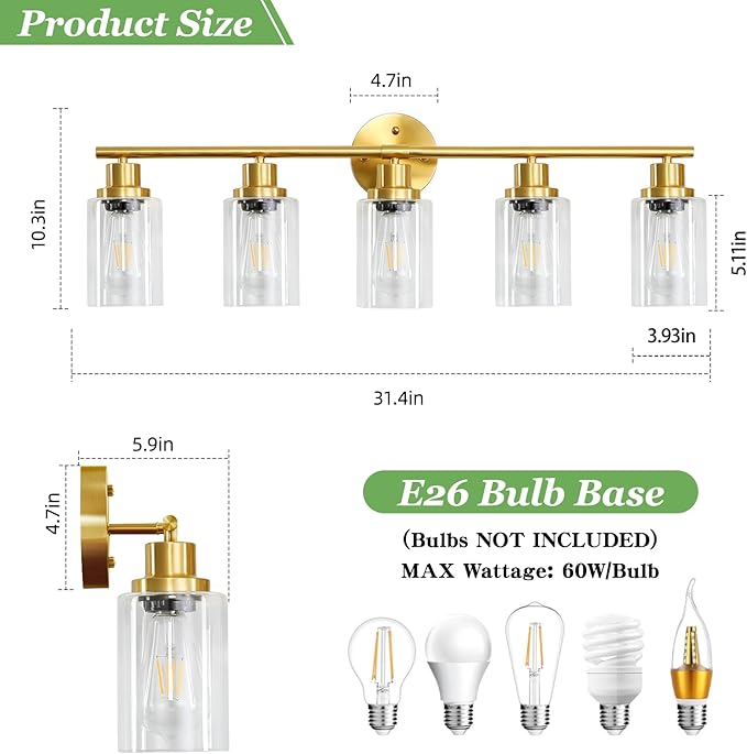 Guliaofo 5-Light Bathroom Vanity Lights, E26 Modern Brushed Gold Bathroom Light