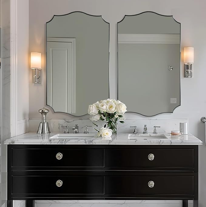 ANDY STAR Chrome Bathroom Mirror, 24x40 Inch Polished Silver Scalloped Mirror