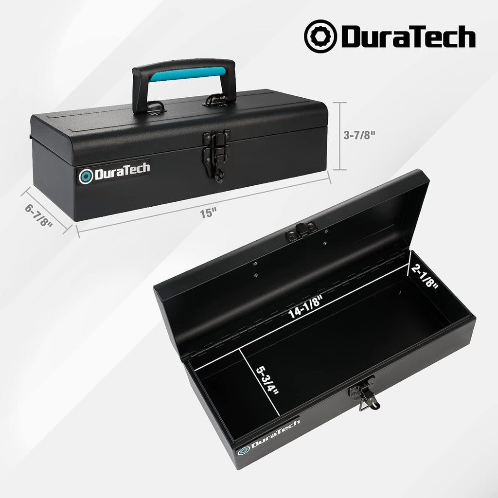 duratech 15" metal tool box, portable steel toolbox, close-up detail