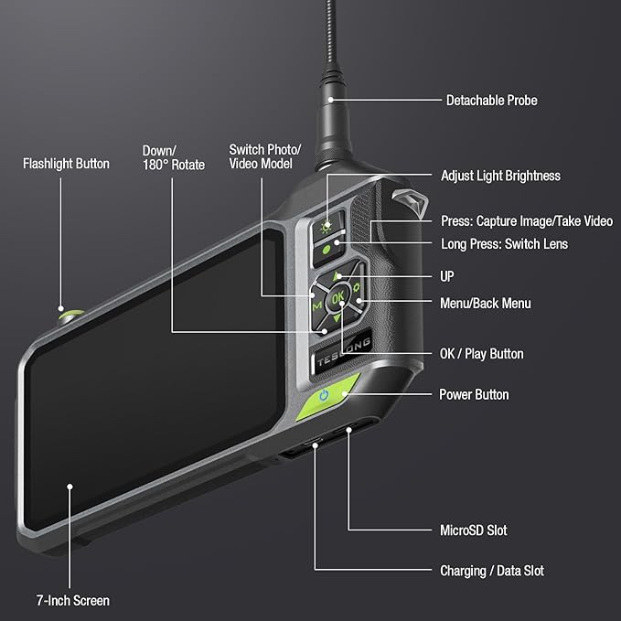 Triple Lens Borescope with 7" IPS Screen, Teslong 1080P HD Industrial Endoscope