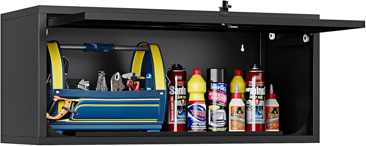small wall-mounted locking cabinet metal garage storage cabinet shown in use