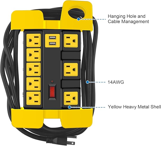 Heavy Duty Power Strip with USB, Workshop 8 Outlet Surge Protector 2700 Joules