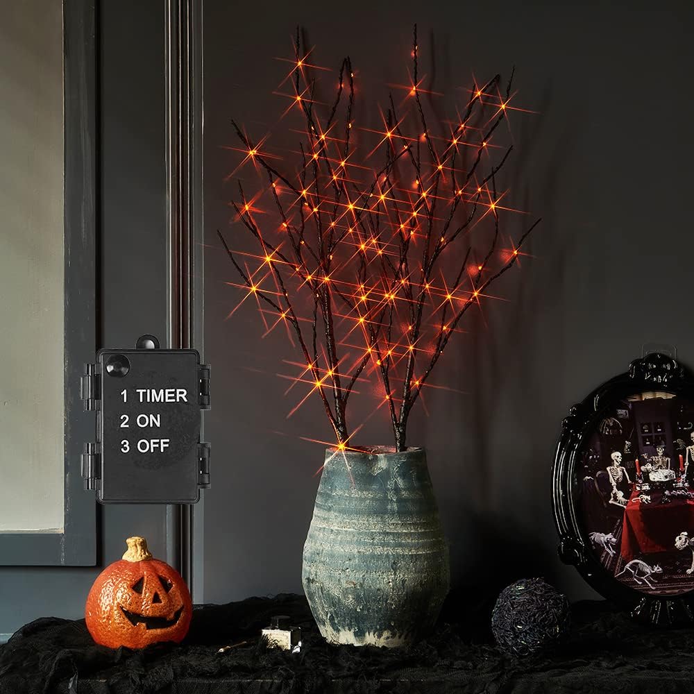 Hairui Lighted Halloween Tree Branches with Timer 32IN 100L Orange Fairy Lights, Black Twig Branch Lights Battery Operated or Indoor Outdoor Halloween Party Decoration