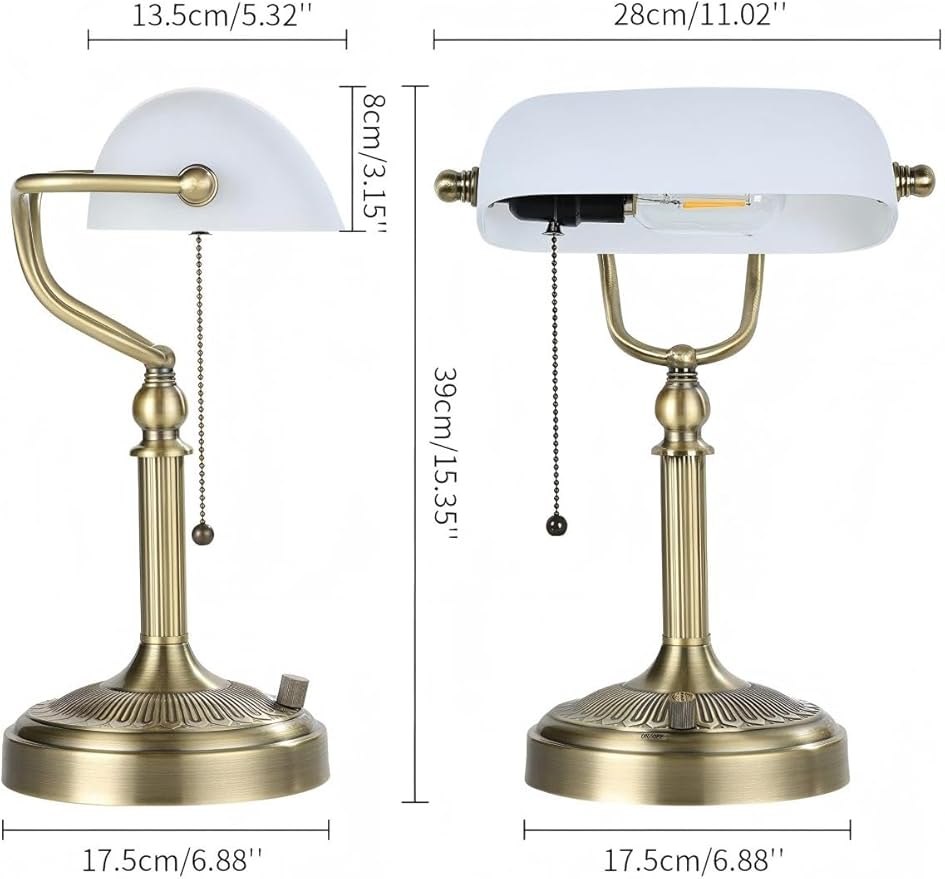 Newrays White Matted Glass Bankers Desk Lamp, Stepless Dimmable Table Lamp Plug