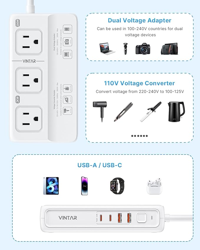 220V to 110V Voltage Converter, VINTAR 2000W Universal Travel Adapter Voltage
