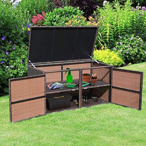 Tangkula 73 Gallon Outdoor Wicker Storage Box, Garden Deck Bin with Steel Frame, Rattan Storage Box with Lid, Ideal for Storing Tools, Accessories