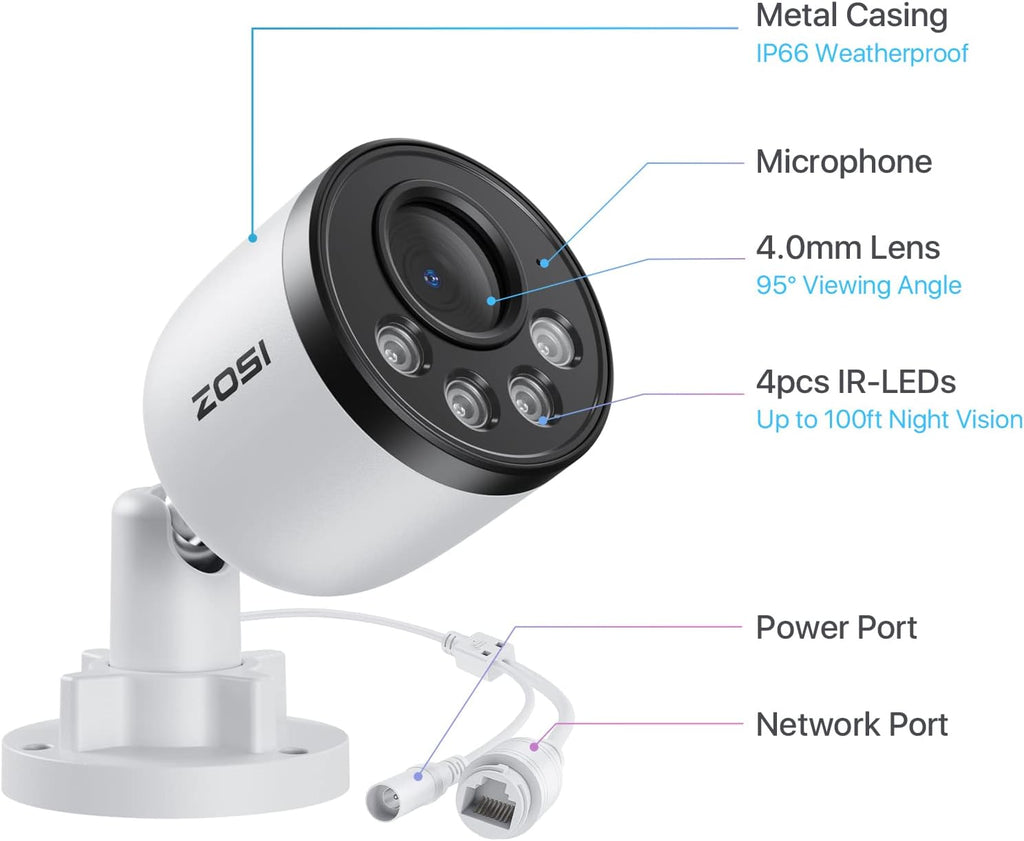 zosi 4pk 4mp add-on camera with ethernet cables,outdoor, front angle view