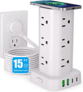 Power Strip Tower with Wireless Charger, Flat Plug Surge Protector Tower with