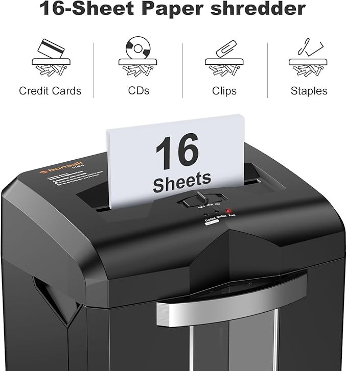 Bonsaii 16-Sheet Microcut Paper Shredder, 60-Minute Home Office Heavy Duty