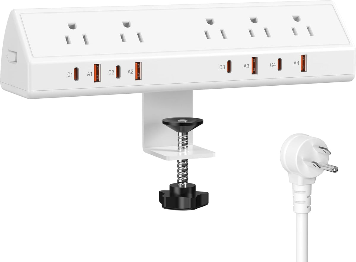 Desk Clamp Power Strip 65W Fast Charging Station, 4 PD USB-C, 5 Outlets