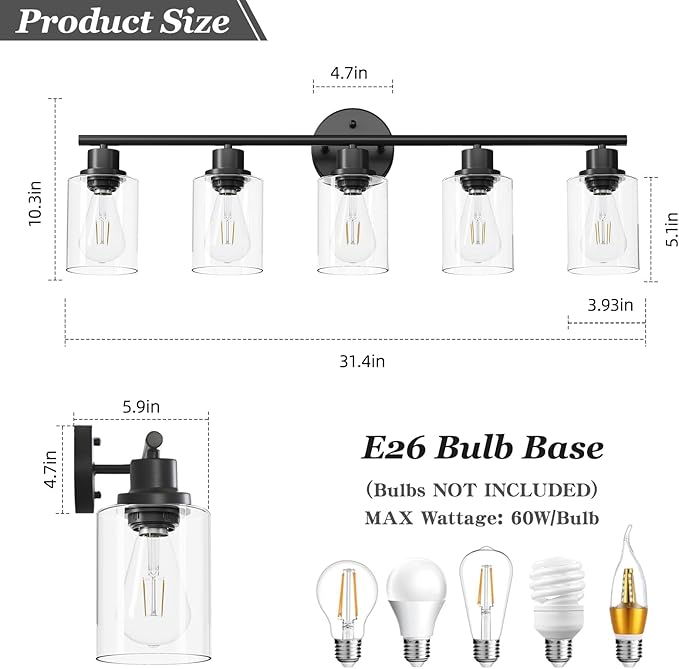 Guliaofo 5-Light Black Bathroom Vanity Lights, E26 Modern Bathroom Light