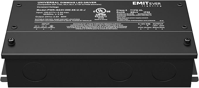 EMITEVER Dimmable Led Driver, 2 Packs 60W AC 110V-277V to DC 24V Transformer