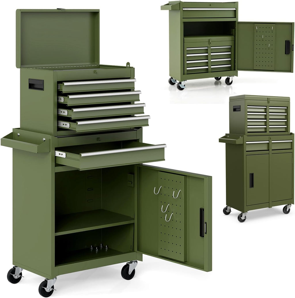 DREAMADE 5-Drawer Tool Chest Combo, Rolling Tool Cabinet w/Detachable Top Tool Box, Adjustable Shelves, Lockable Wheels, Metal Tool Box for Garage, Workshop, Repair Shop Storage (Olive Green)
