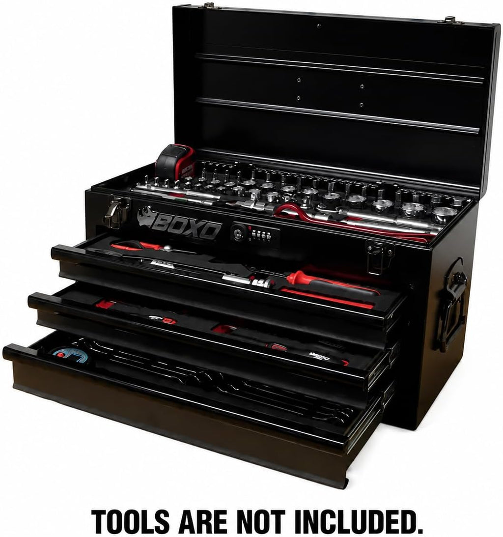 Boxo USA 3-Drawer Hand Carry Toolbox – Heavy Duty 20-Gauge Steel Portable Tool Box with Ball Bearing Drawers, Dual Key & Combination Lock, Powder-Coated Finish (Black)