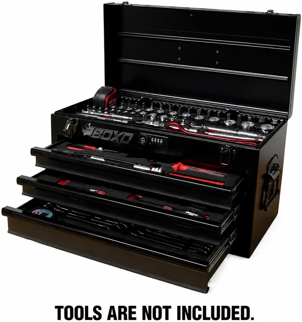 Boxo USA 3-Drawer Hand Carry Toolbox – Heavy Duty 20-Gauge Steel Portable Tool Box with Ball Bearing Drawers, Dual Key & Combination Lock, Powder-Coated Finish (Black)
