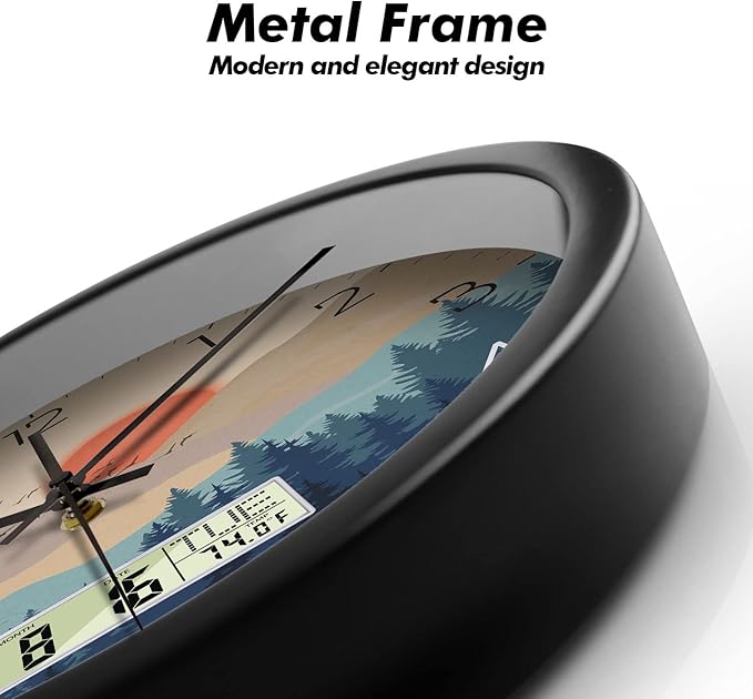 Silent Wall Clock with Day Week Temperature Wilderness with Sunset Non-ticking