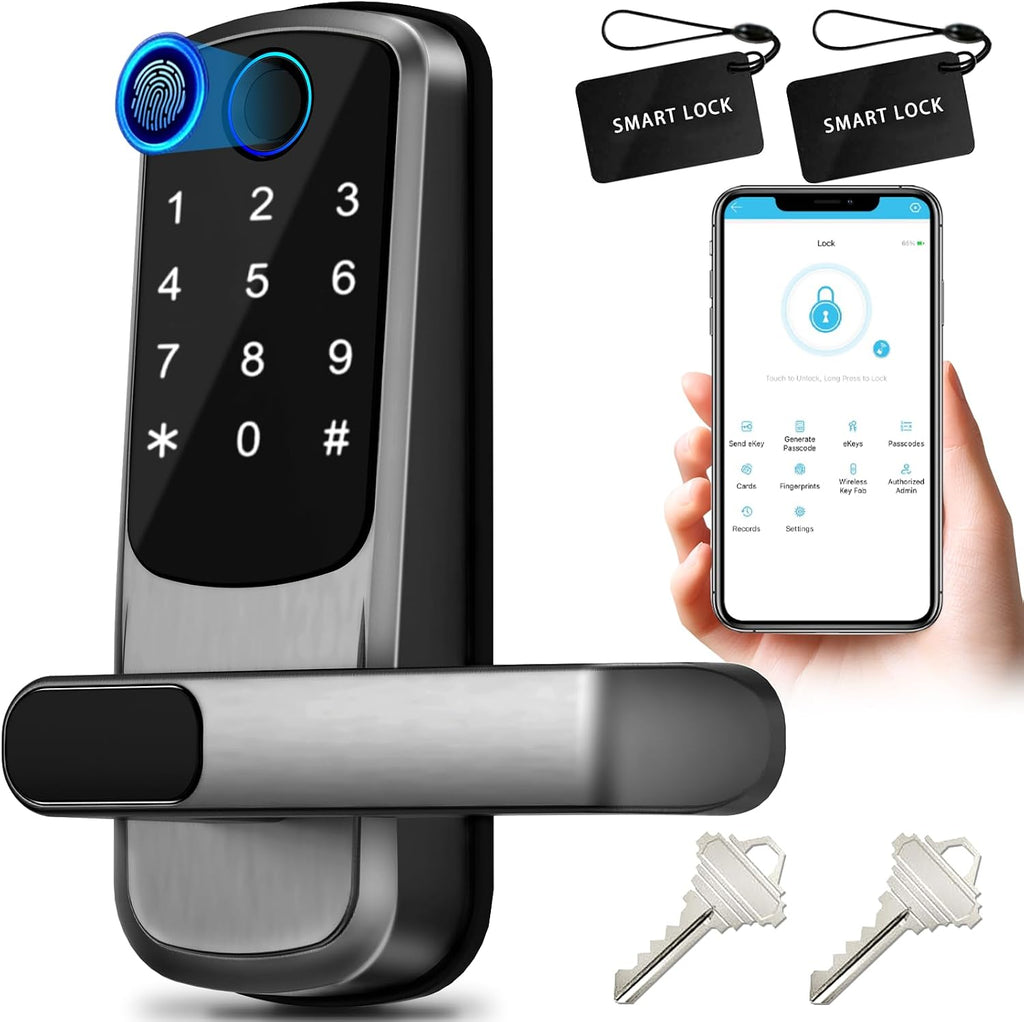 Smart Door Lock with Handle,Fingerprint Exterior Locks,Wireless APP Control, Keyless Entry Digital Lock for Front/Interior Door,Biometric Door Knob,Smart Locks for Home, Apartment, Office(Black)