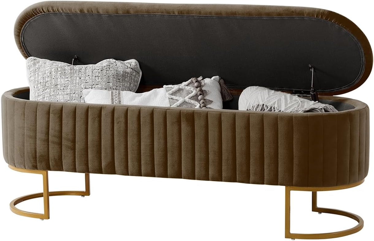 EcoHarbor Living 50.5" Bedroom Velvet Storage Bench,Upholstered End of Bed Bench with Gold Legs,Entryway Footrest Seat