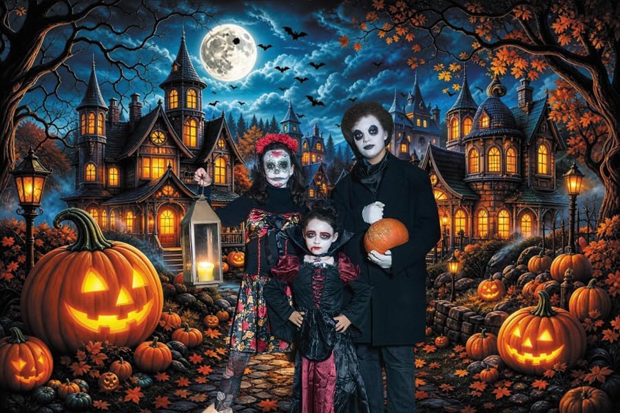 Halloween Spooky Haunted House Backdrop 10x8ft, Full Moon Pumpkin Village Cas...