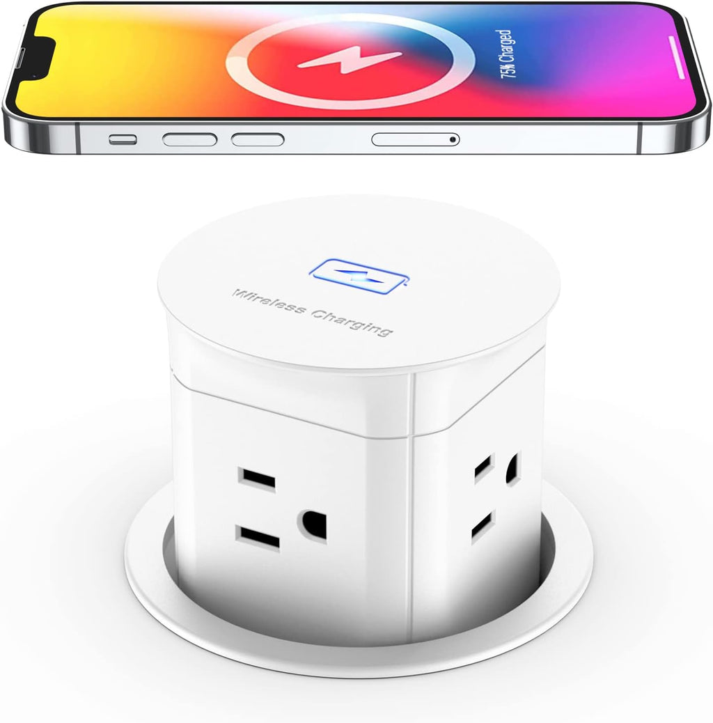 Jgstkcity Pop Up Outlet with 15W Wireless Charger, 4 Outlets 15A, Splash