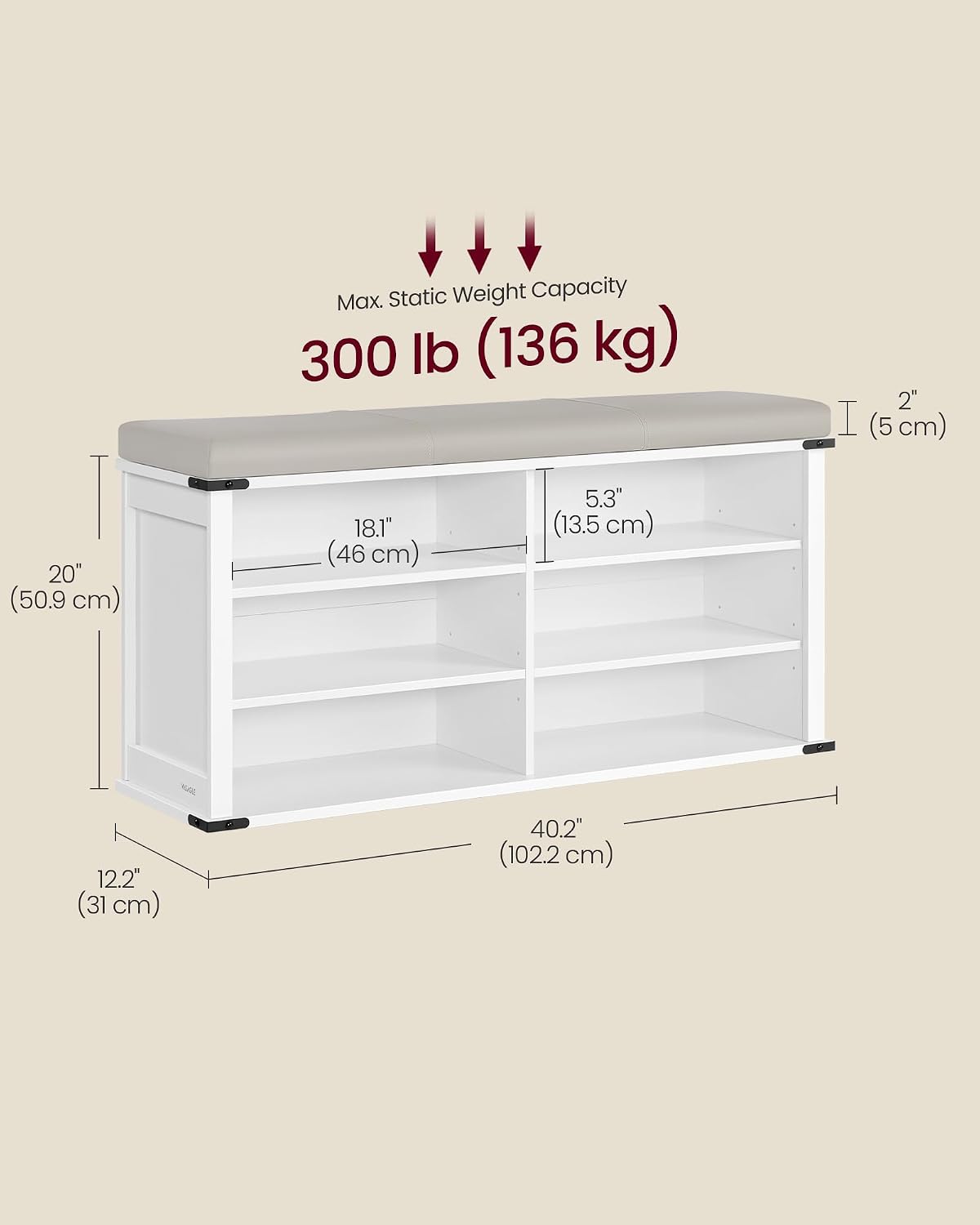 VASAGLE Shoe Storage Bench with Removable Cushion, Adjustable Shelves