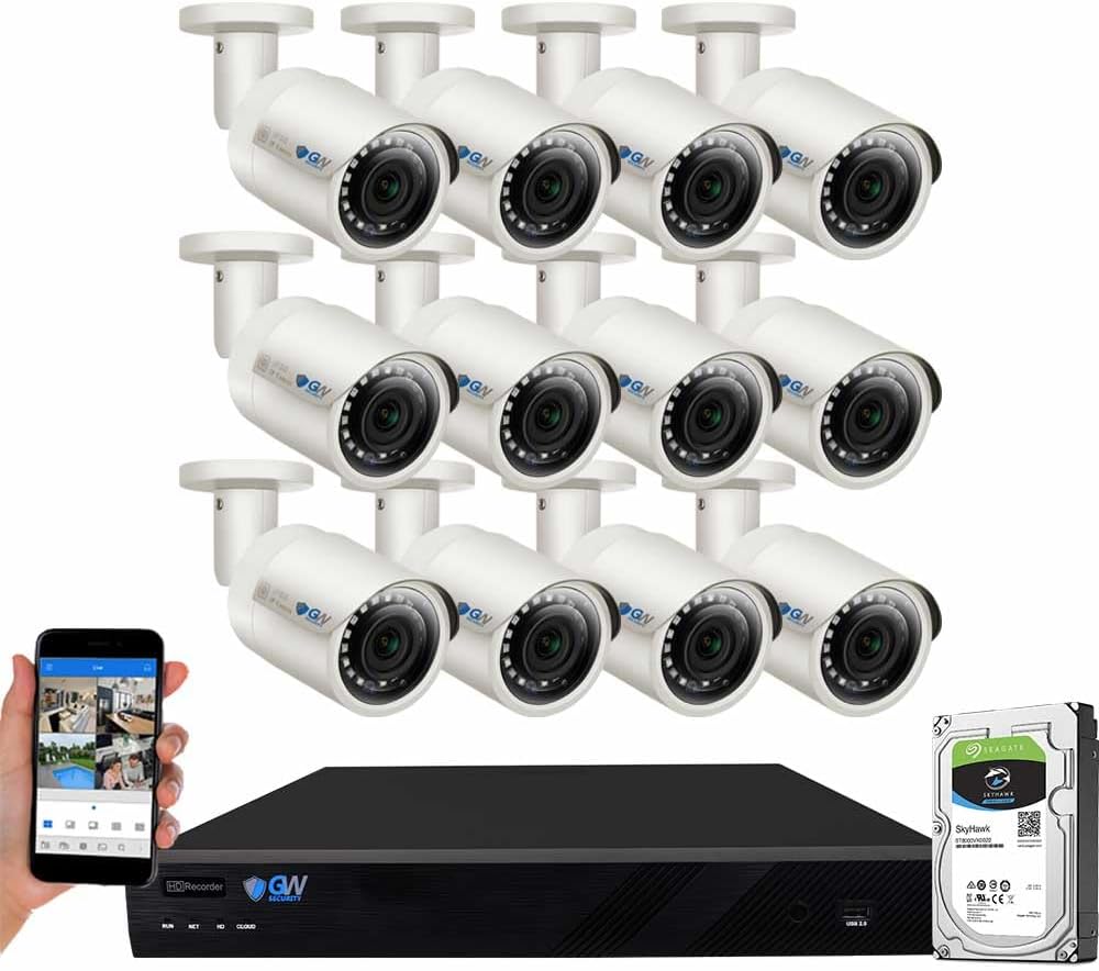 GW Security 16 Channel 4K NVR 5MP POE Audio & Video Smart AI Security Camera System - 12 x 5MP 1920P Weatherproof Bullet Cameras, Built in Microphone, Pre-Installed 4TB Hard Drive