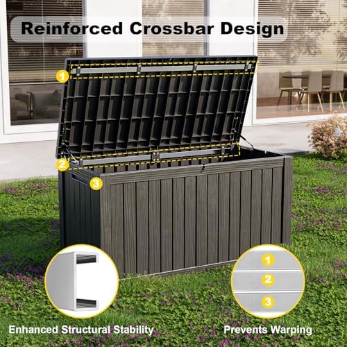 180 Gallon Resin Outdoor Deck Box Waterproof Patio Furniture, Garden Tools, Cushions, Pool Accessories Outside Storage (Black, 180 Gallon)