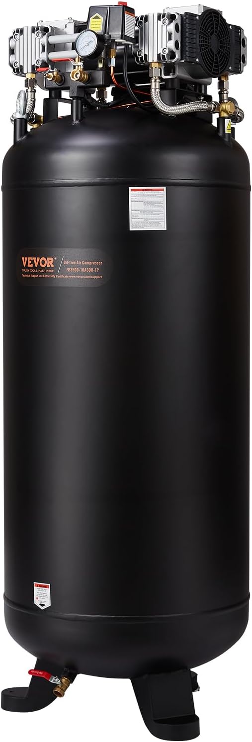VEVOR 80 Gallon Air Compressor, 145PSI Oil Free Stationary Compressor Tank, 6.5HP 15.5SCFM@90 PSI, Quiet Compressor for Industrial Manufacturing, Workshops (220V/60Hz Single-Phase Power)