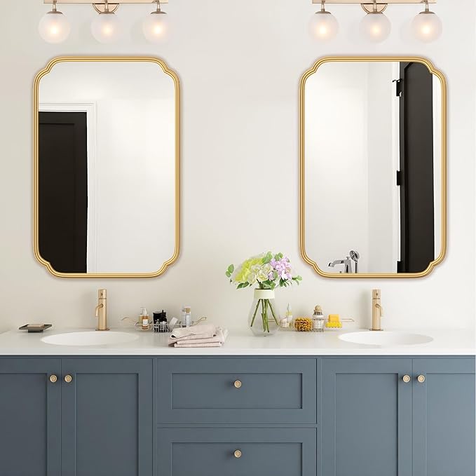 Gold Bathroom Vanity Mirror for Wall 24" x 36" Modern Rounded Rectangle Mirror