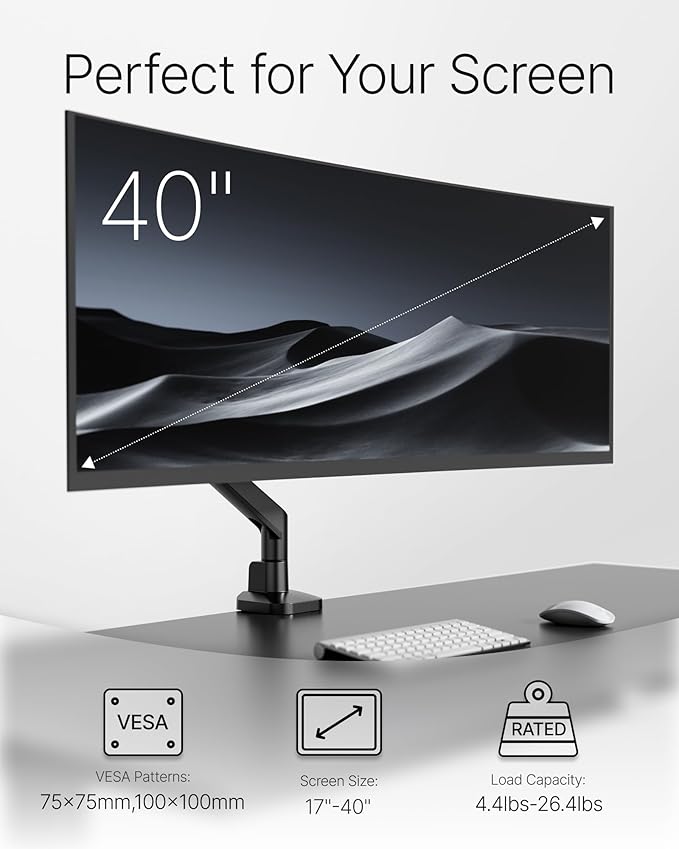monTEK Deluxe Monitor Arm up to 40 Inch Holds 26.4 lbs Curved Screens Aluminum