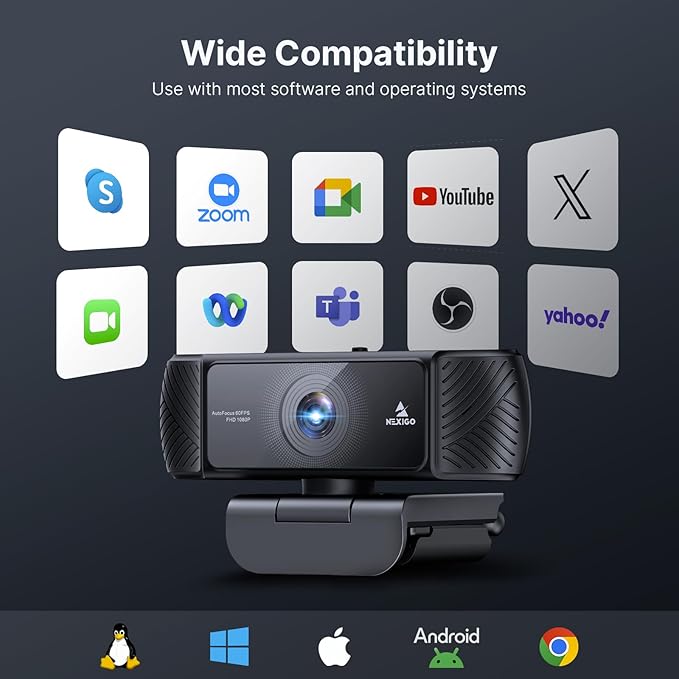 NexiGo 1080P 60FPS Webcam with Software Control and Microphone, w/Privacy Cover