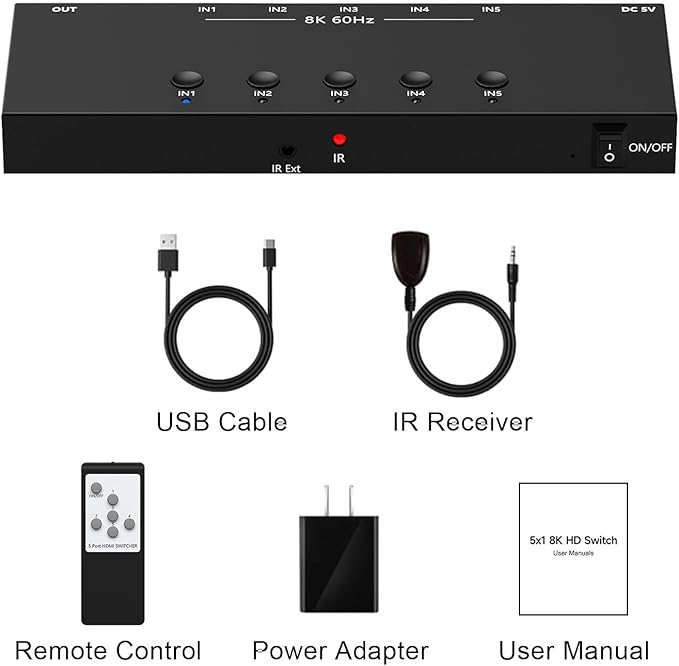 RuiPuo 5Port HDMI Switcher 8K@60Hz 5In 1Out HDMI Selector