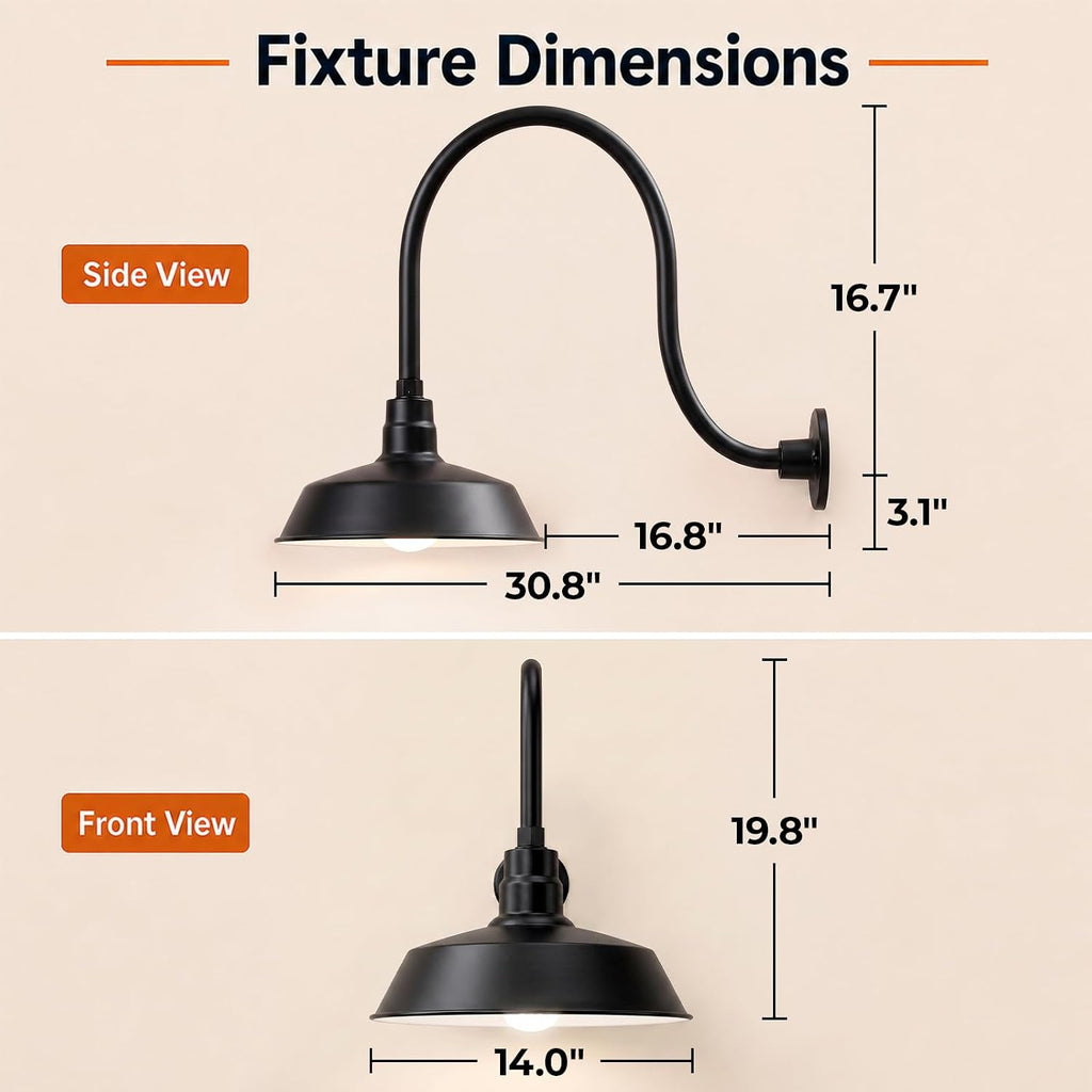 14in. satin black outdoor gooseneck barn light fixture, side view